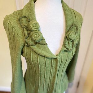 CAbi Green Knit Cardigan with Floral Detail